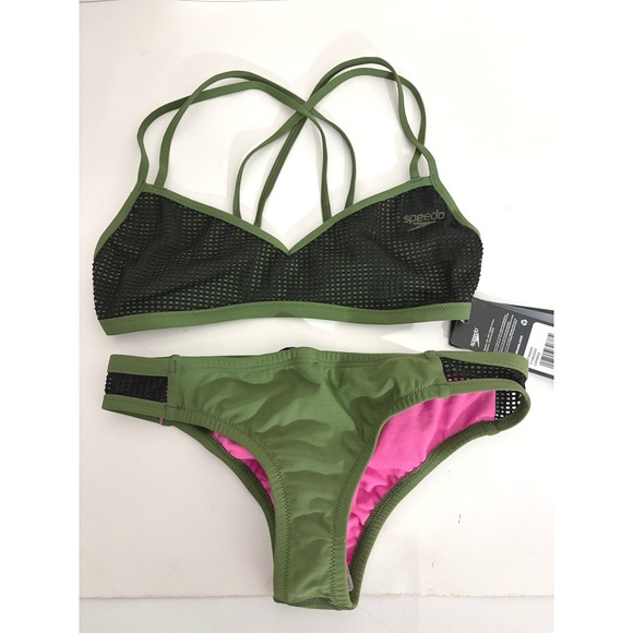 Speedo Athletic Turnz Endurance Practice Bikini Mesh Strappy Swim Set Olive Sz S - Picture 15 of 15